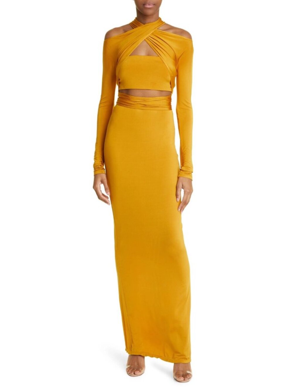 LAPOINTE Womens Wrap Bodice Long Sleeve Jersey Gown Maxi Dress in Mustard Size 2